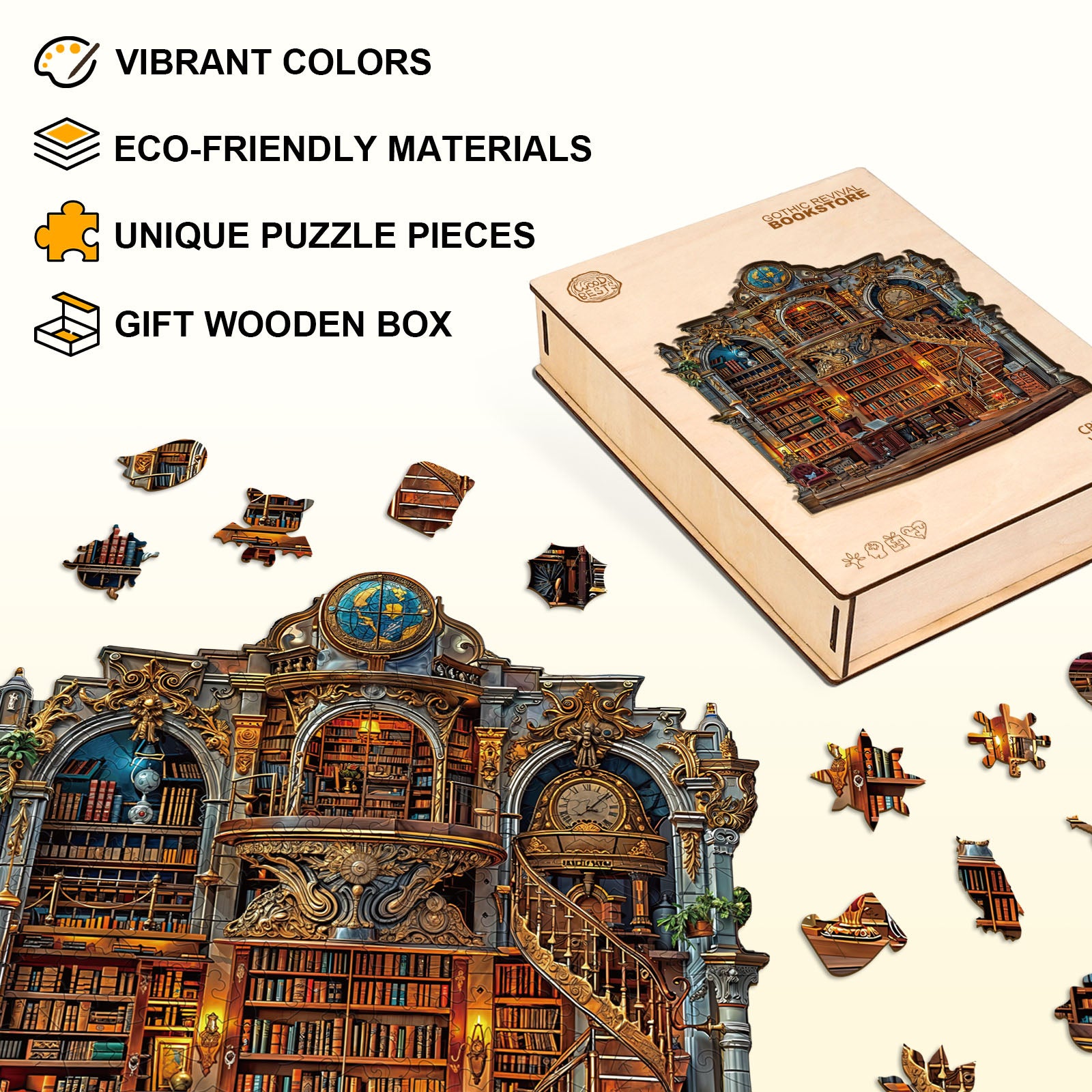 Gothic Revival Bookstore Wooden Jigsaw Puzzle