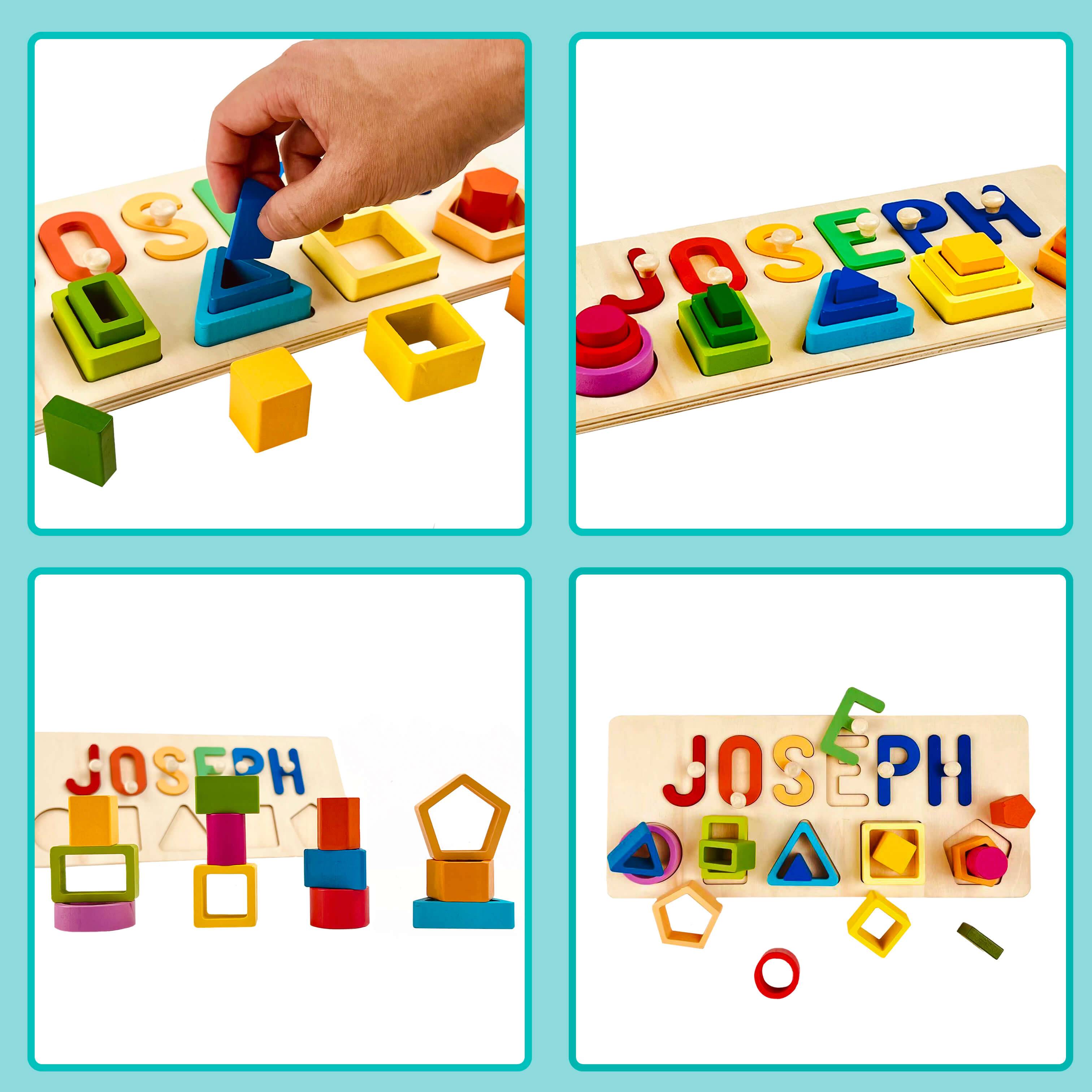 Colorful personalized wooden stacking toy featuring letters of the name Joseph, promoting fun and cognitive development.