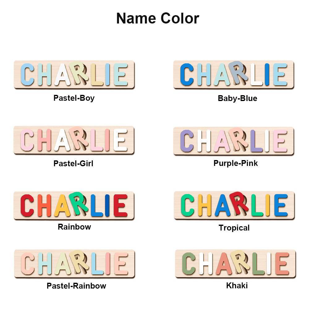 Personalized wooden name stacking toy options for 'CHARLIE' in various colors: Pastel-Boy, Baby-Blue, Pastel-Girl, and more.