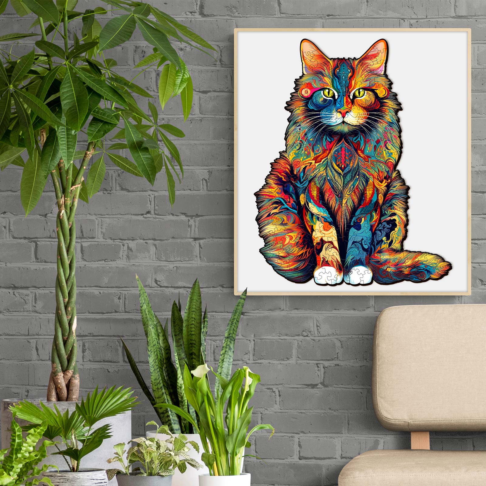 Colorful Maine Coon cat illustration on wall, surrounded by green plants and modern decor.