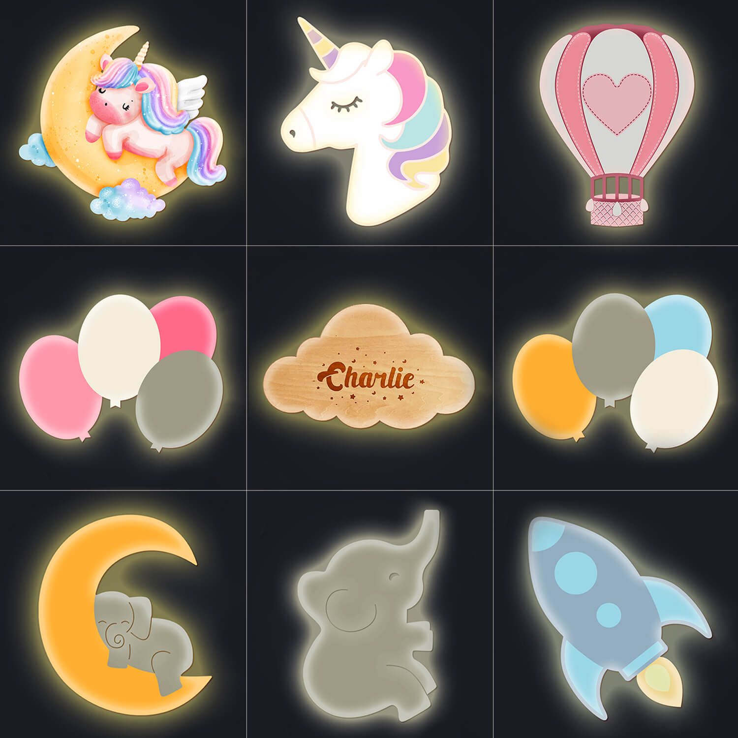 Personalized wooden baby room wall light set featuring unicorn, balloons, elephant, and rocket designs.