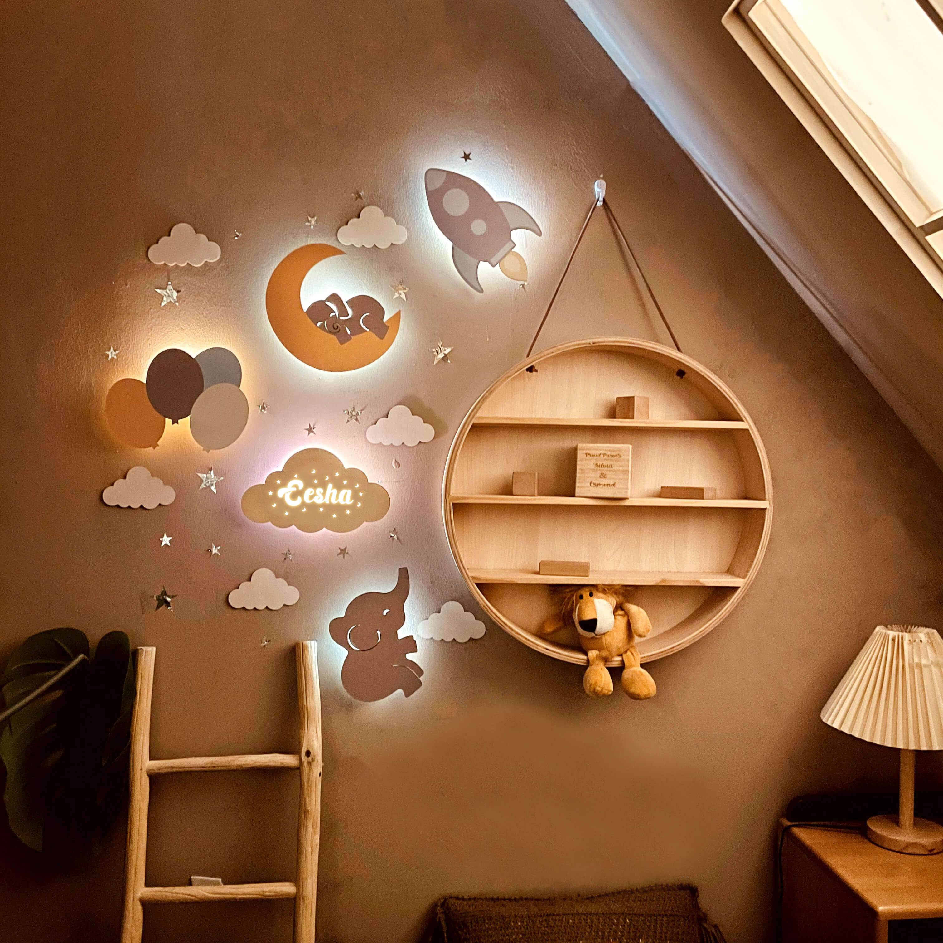 Personalized wooden baby room wall light set with stars, clouds, and colorful balloons for a cozy atmosphere.