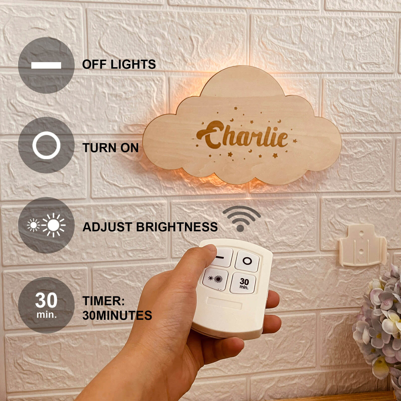 Personalized wooden cloud night light for kids, remote control, adjustable brightness, soft glow, easy to install.