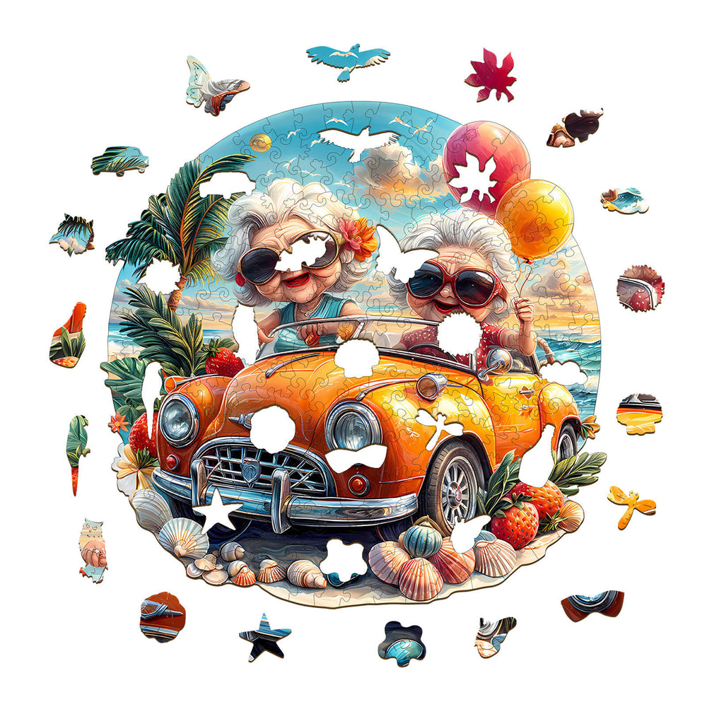 Happy grandma wooden jigsaw puzzle featuring two joyful grandmothers in a car, perfect for mindful play and focus.