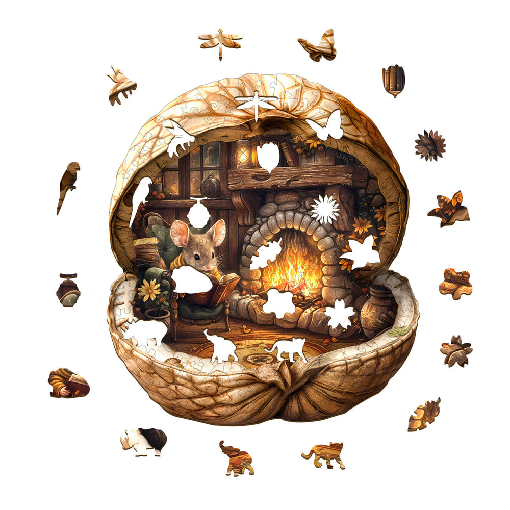 Wooden jigsaw puzzle of a mouse's walnut house with intricate pieces and a cozy fireplace scene.