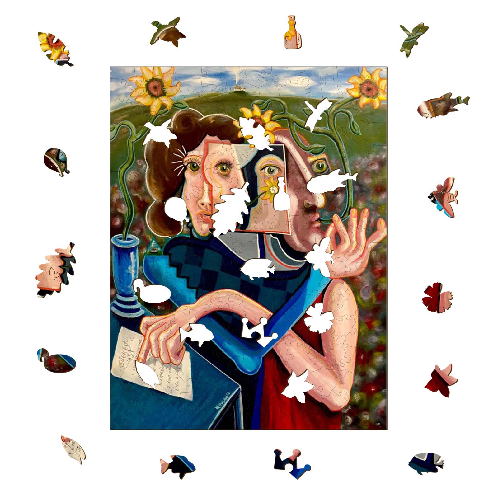 Abstract artwork 'The Bucket List' by Dylan Gill featuring whimsical figures and vibrant colors.