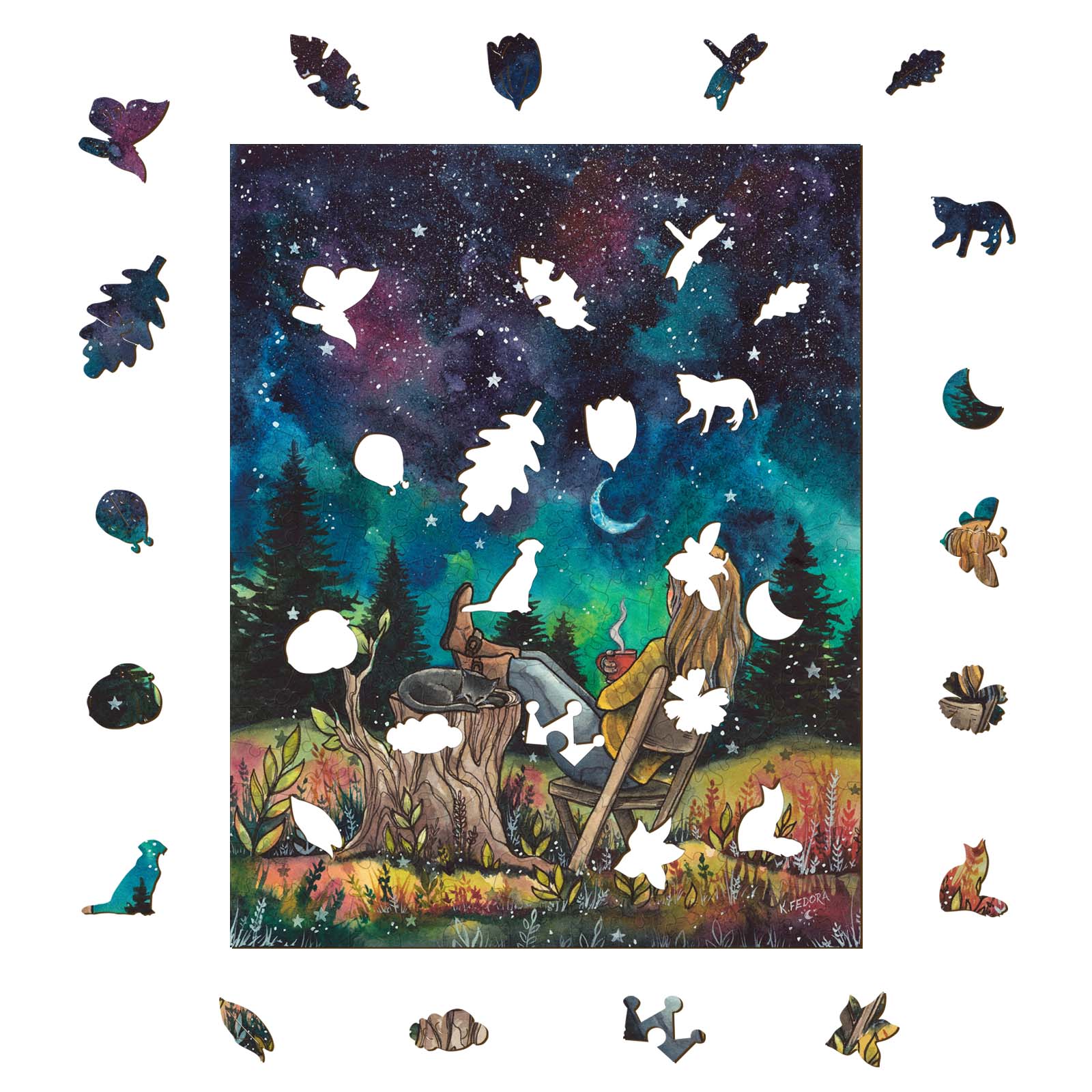 Colorful art print 'With The Stars' by Kathryn Fedora, featuring playful animal and nature-themed puzzle pieces.