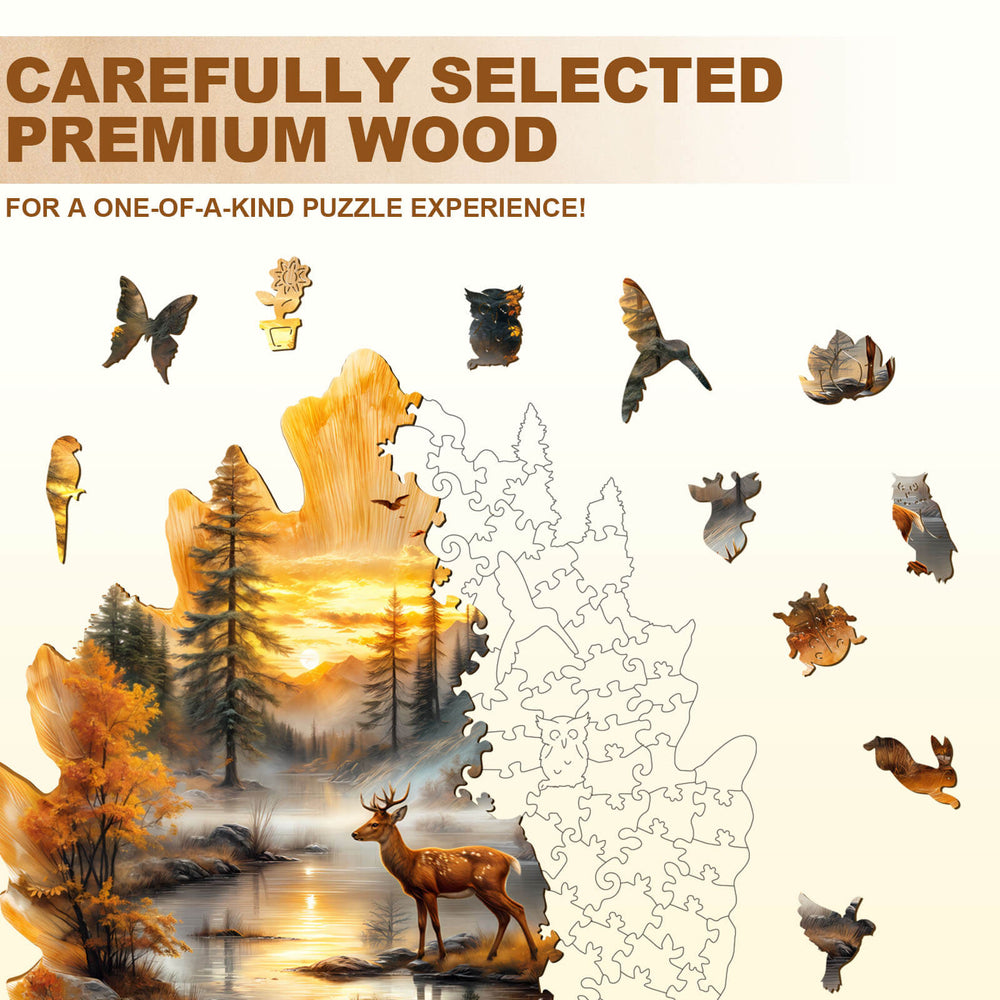 Golden Hoofprint Wooden Jigsaw Puzzle showcasing premium wood pieces and vibrant nature scene for an engaging puzzle experience.