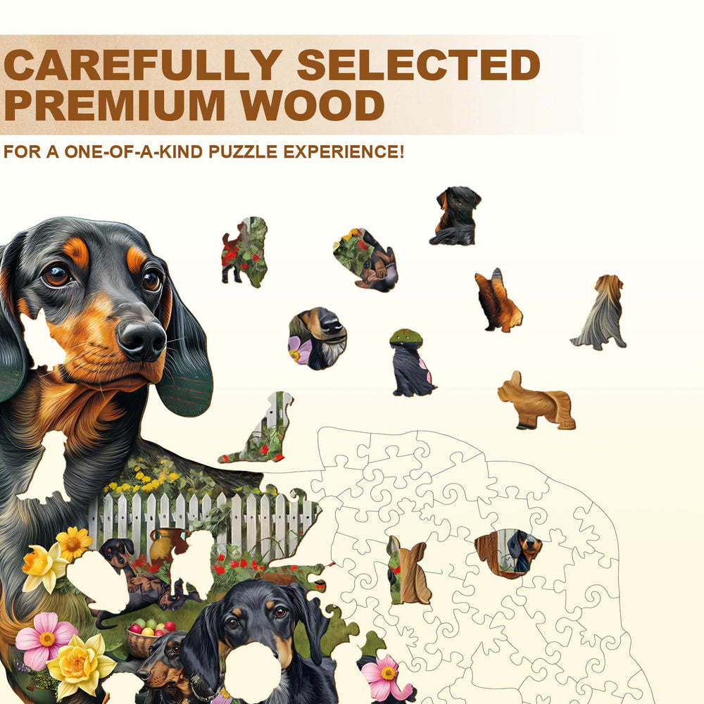 Puppy Garden Wooden Jigsaw Puzzle made from premium wood, featuring playful dogs and rabbits among garden scenery.
