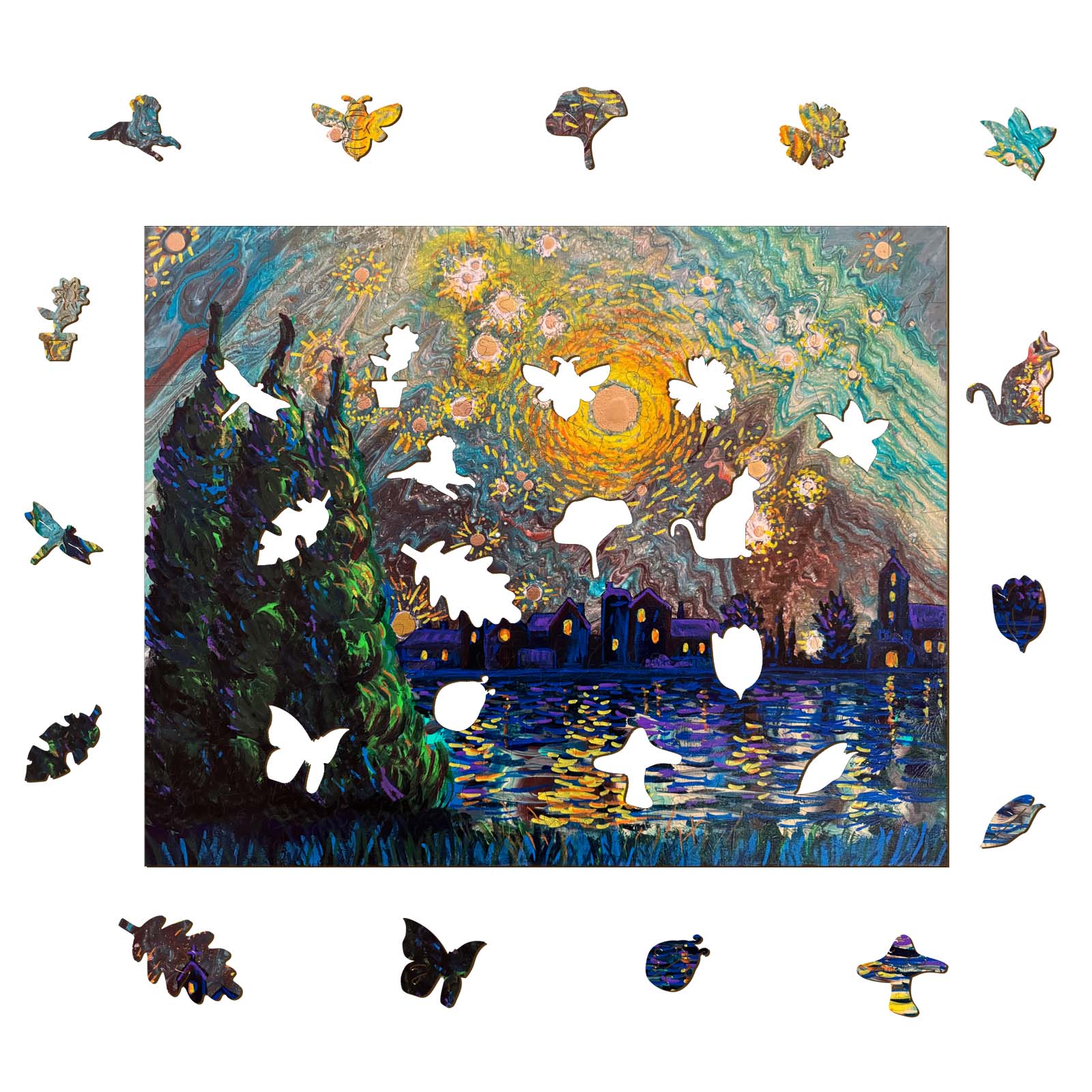 Starry Night puzzle by Nicholas John VARDAXIS featuring colorful pieces around a painted scene.