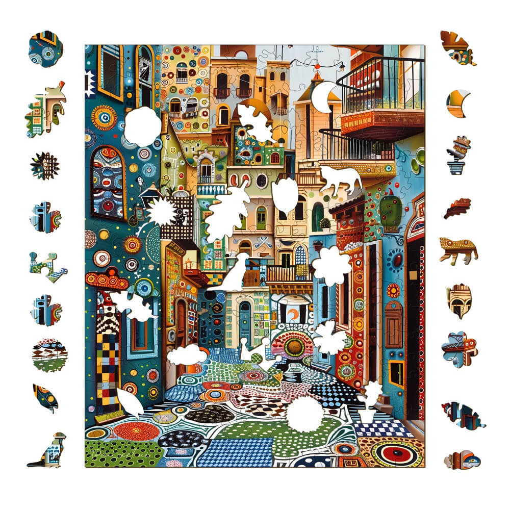 Colorful puzzle artwork by Pietro Gallo featuring vibrant streets and whimsical motifs, inspiring artistic creativity.