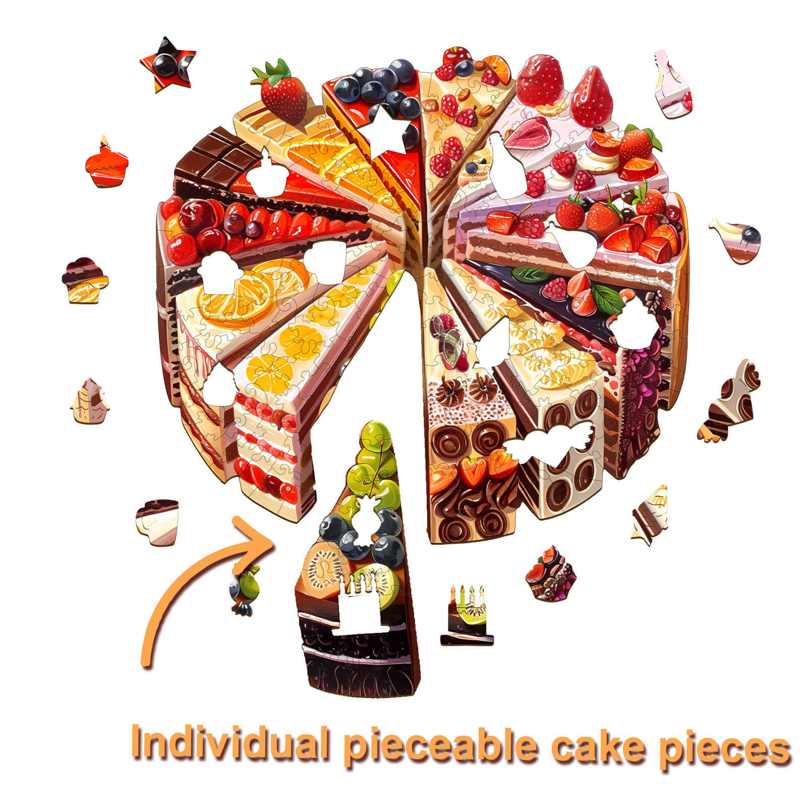 Delicious Cake Wooden Jigsaw Puzzle showcasing individual pieceable cake slices for engaging mind games.