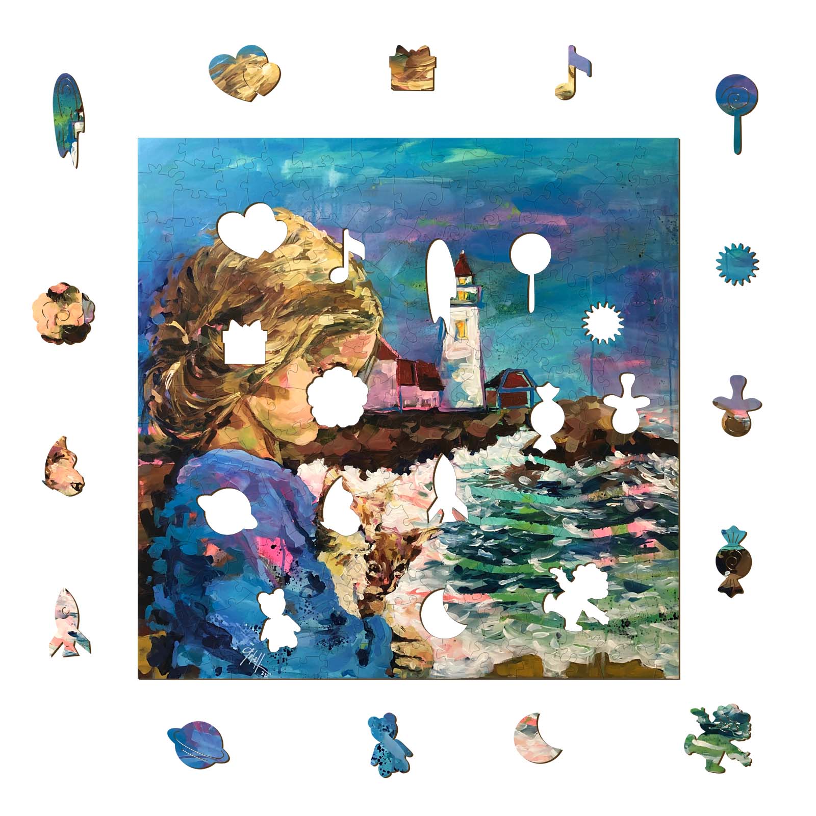 Colorful artwork titled 'Rescue' by artist Arlet Gomez featuring a girl, a cat, and various artistic icons.