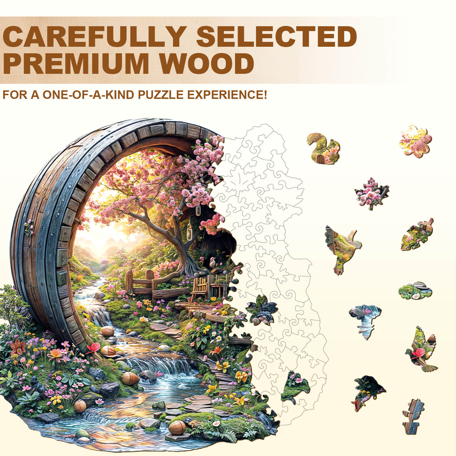Barrel of Spring wooden jigsaw puzzle featuring a scenic landscape with vibrant flowers and a serene stream.