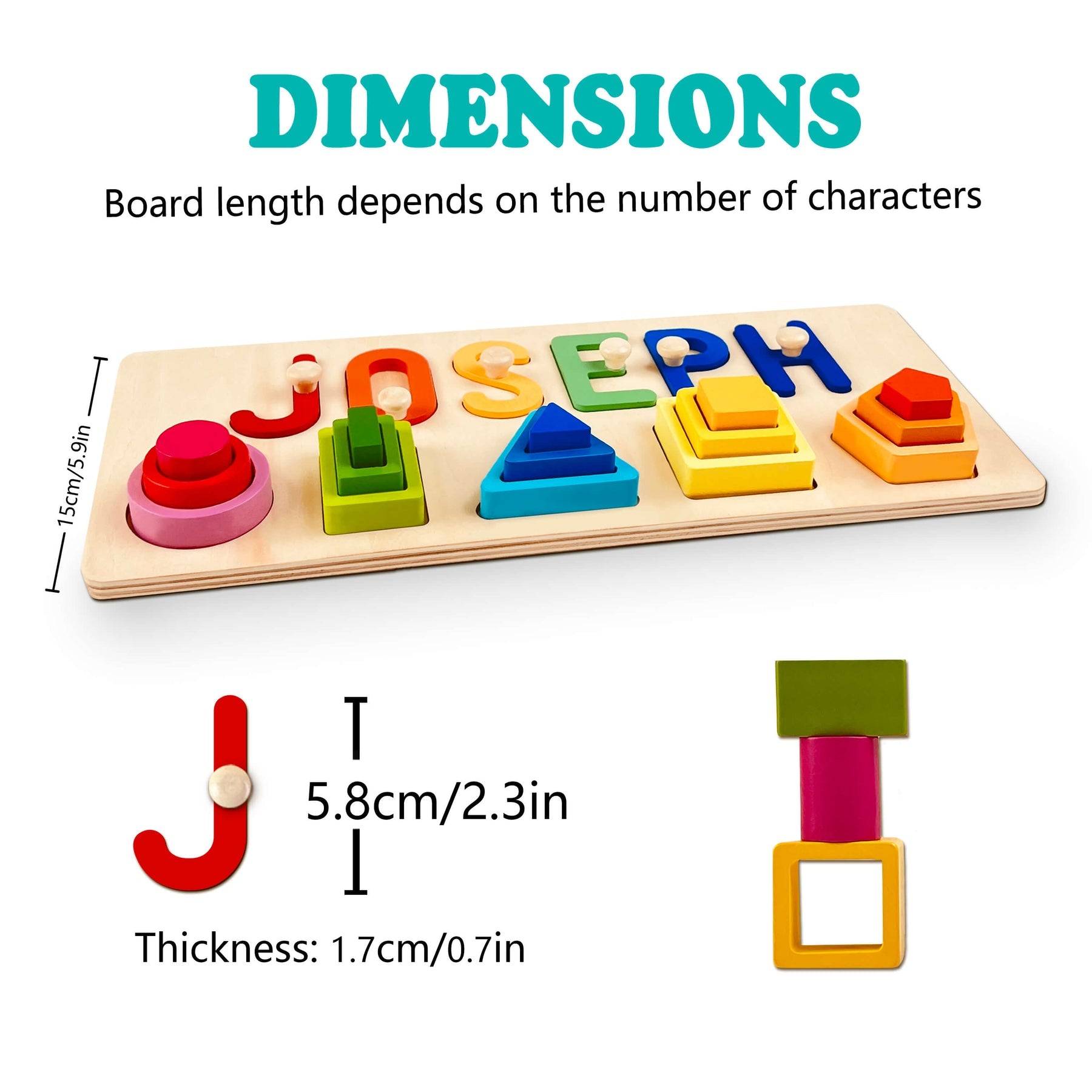 Dimensions of personalized wooden baby name stacking toy with colorful shapes and letters spelling 'JOSEPH'.