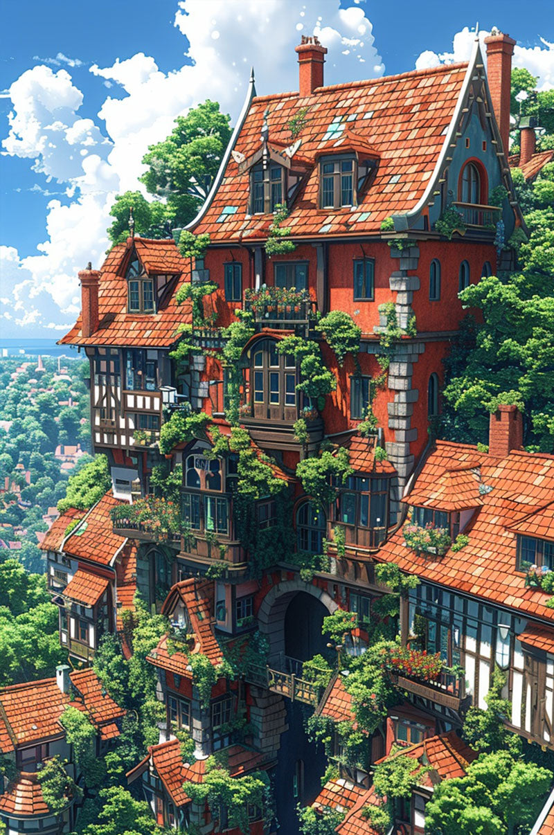 Vibrant fantasy house with terracotta roof and lush greenery, nestled in a scenic hillside.