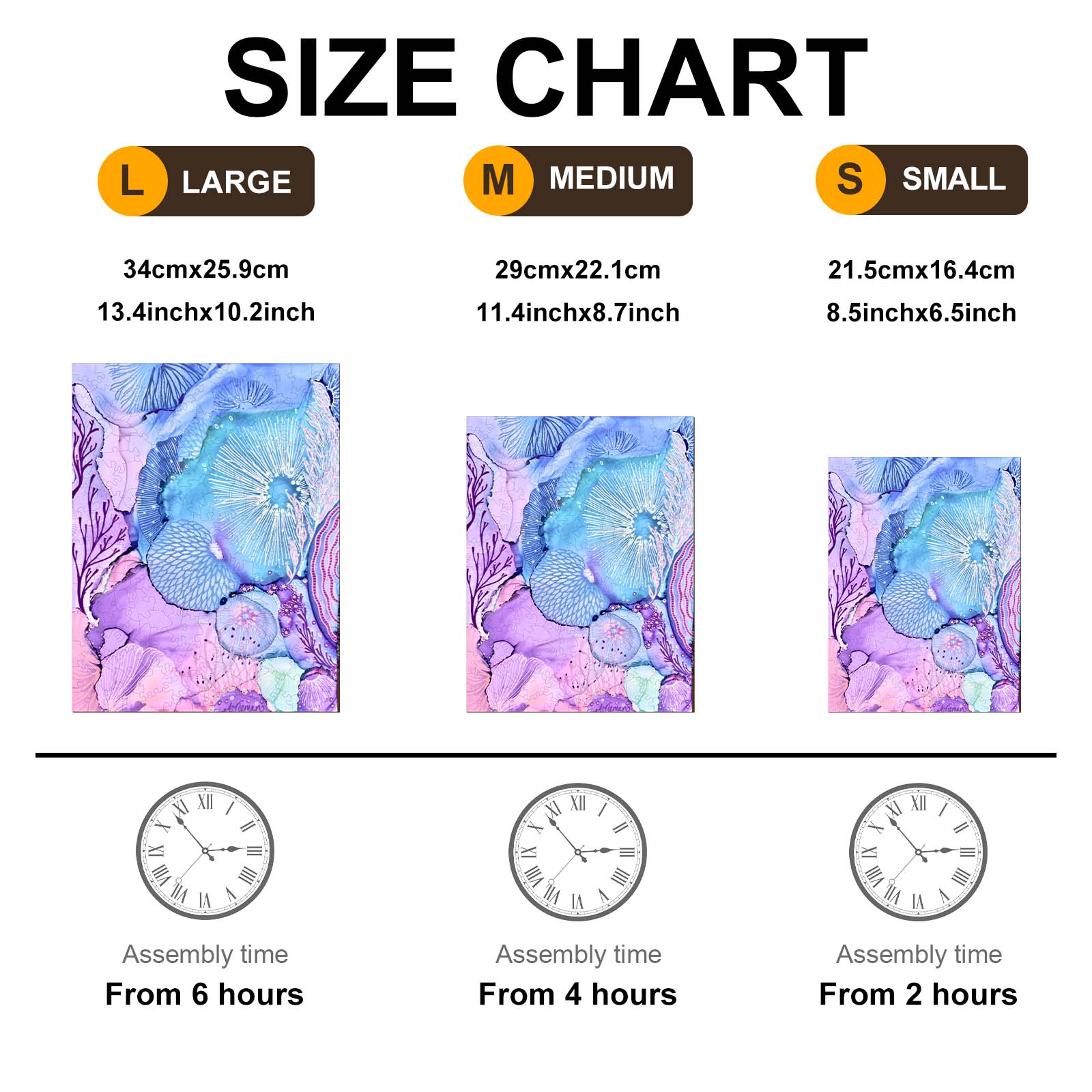 Size chart for Tidal Tranquility by Amy Tieman, showing dimensions and assembly times for large, medium, and small options.