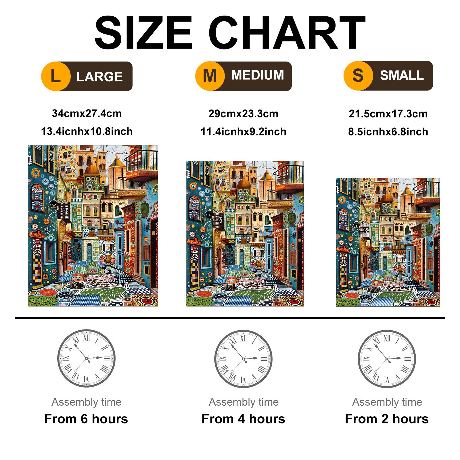 Size chart for artwork by Pietro Gallo, displaying large, medium, and small options with assembly times.
