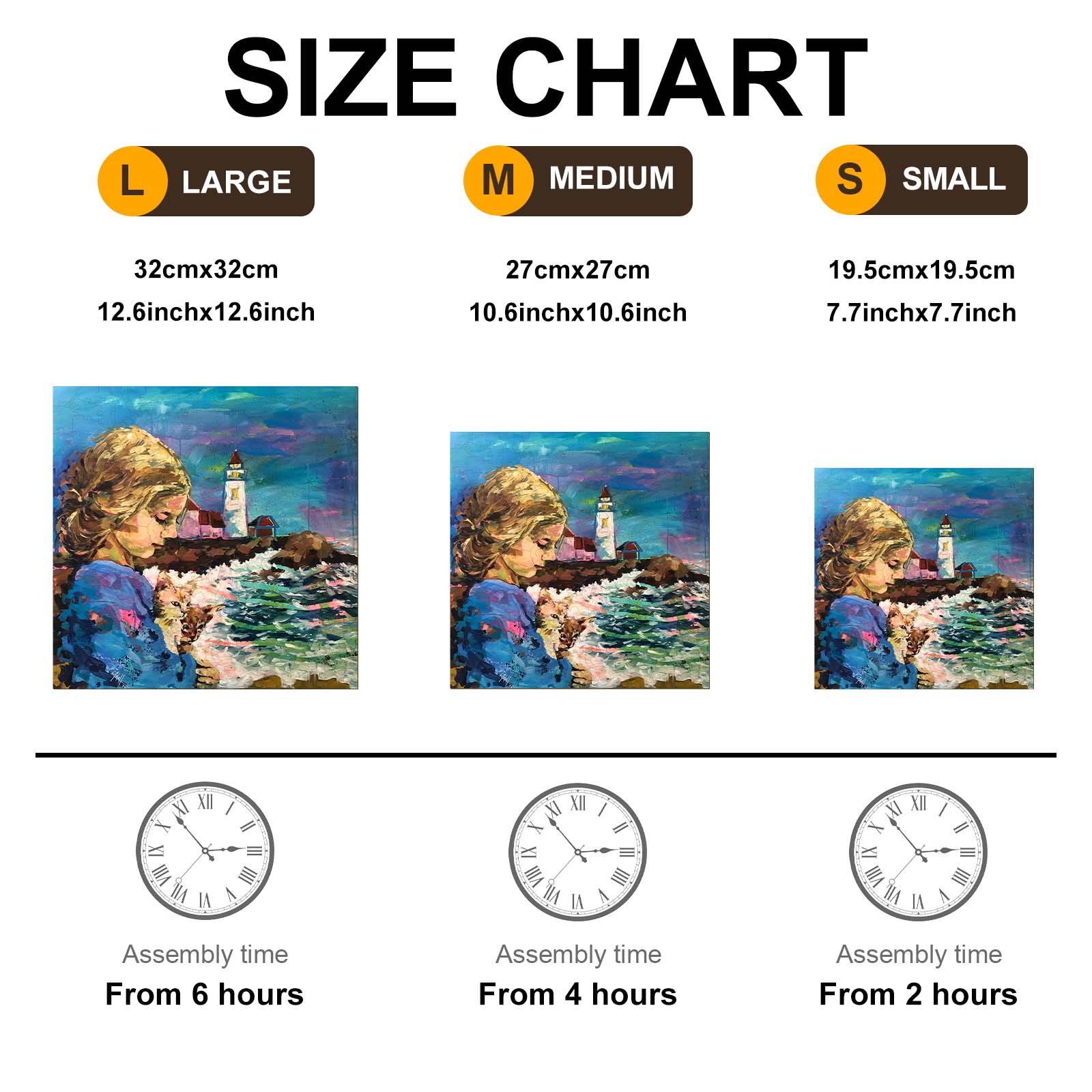 Size chart for artwork 'Rescue' by Arlet Gomez showing large, medium, and small dimensions with assembly times.
