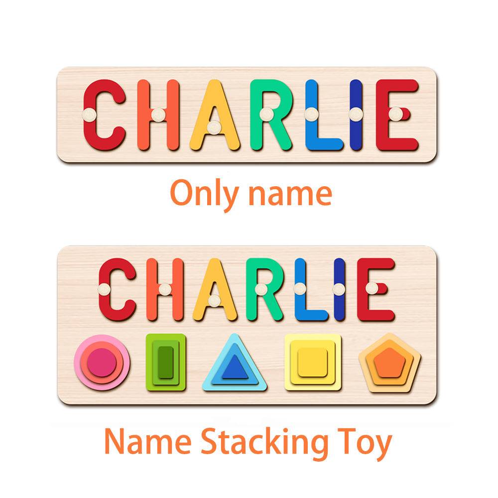 Colorful wooden personalized name stacking toy featuring the name Charlie for educational play.