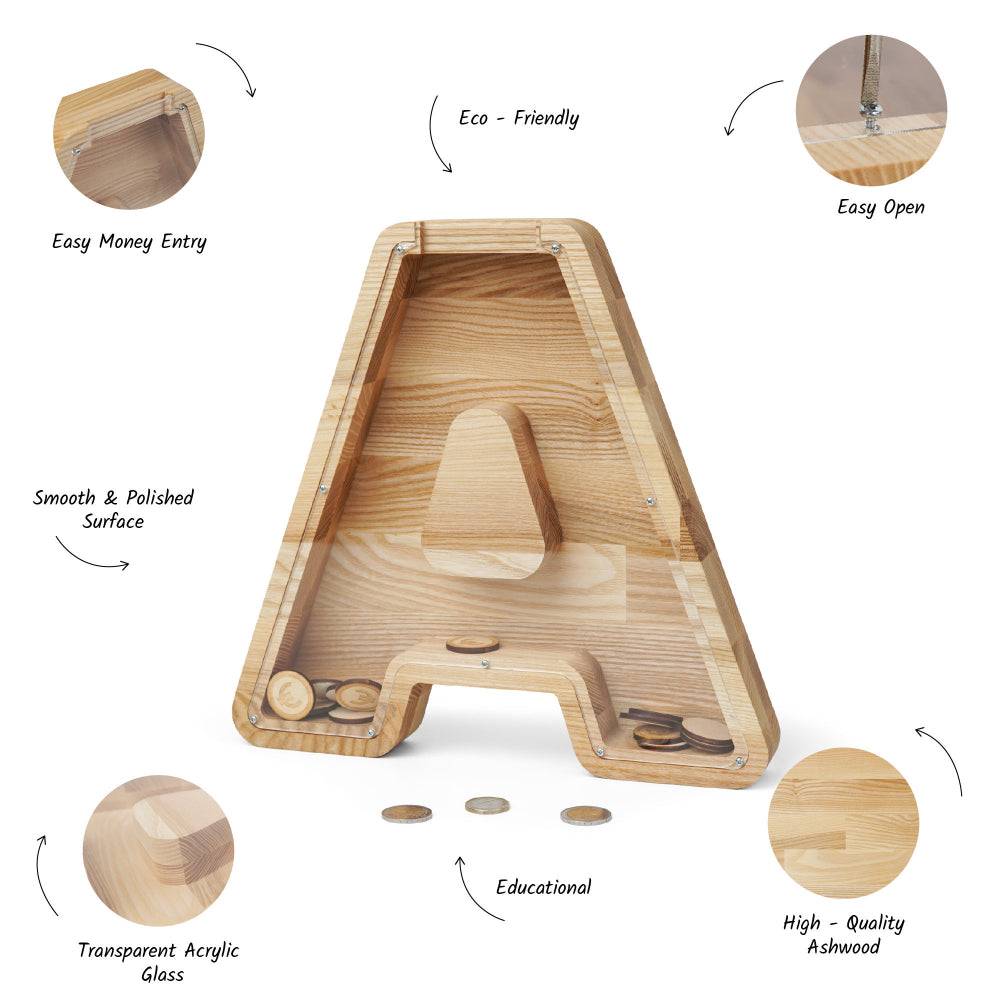 Personalized wooden letter piggy bank made of high-quality ashwood, eco-friendly and educational money box for kids.