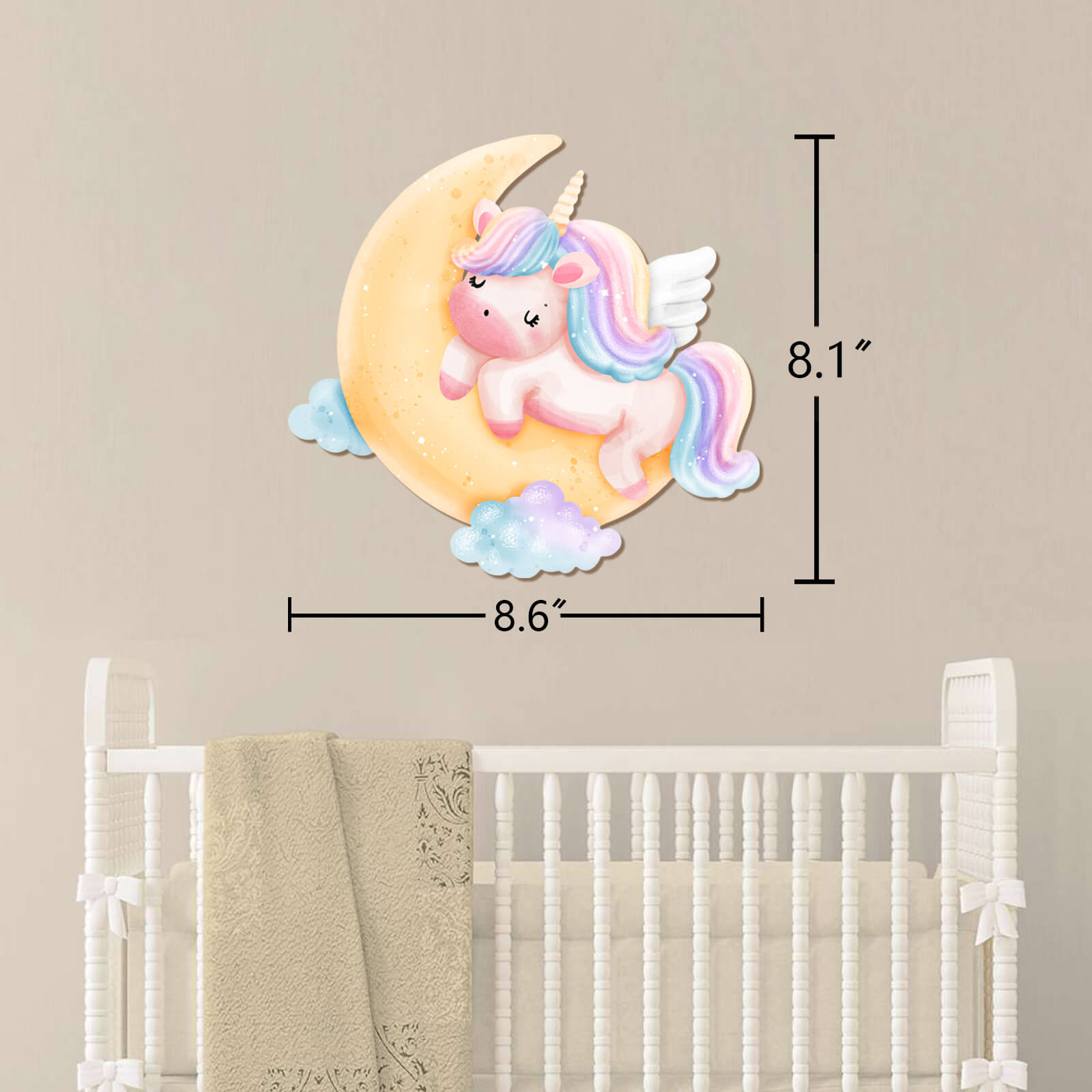Colorful unicorn wall light on a moon, perfect for a baby's nursery with soft glowing illumination.