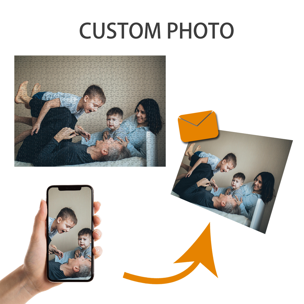 Custom photo jigsaw puzzle featuring family moments with easy ordering process.
