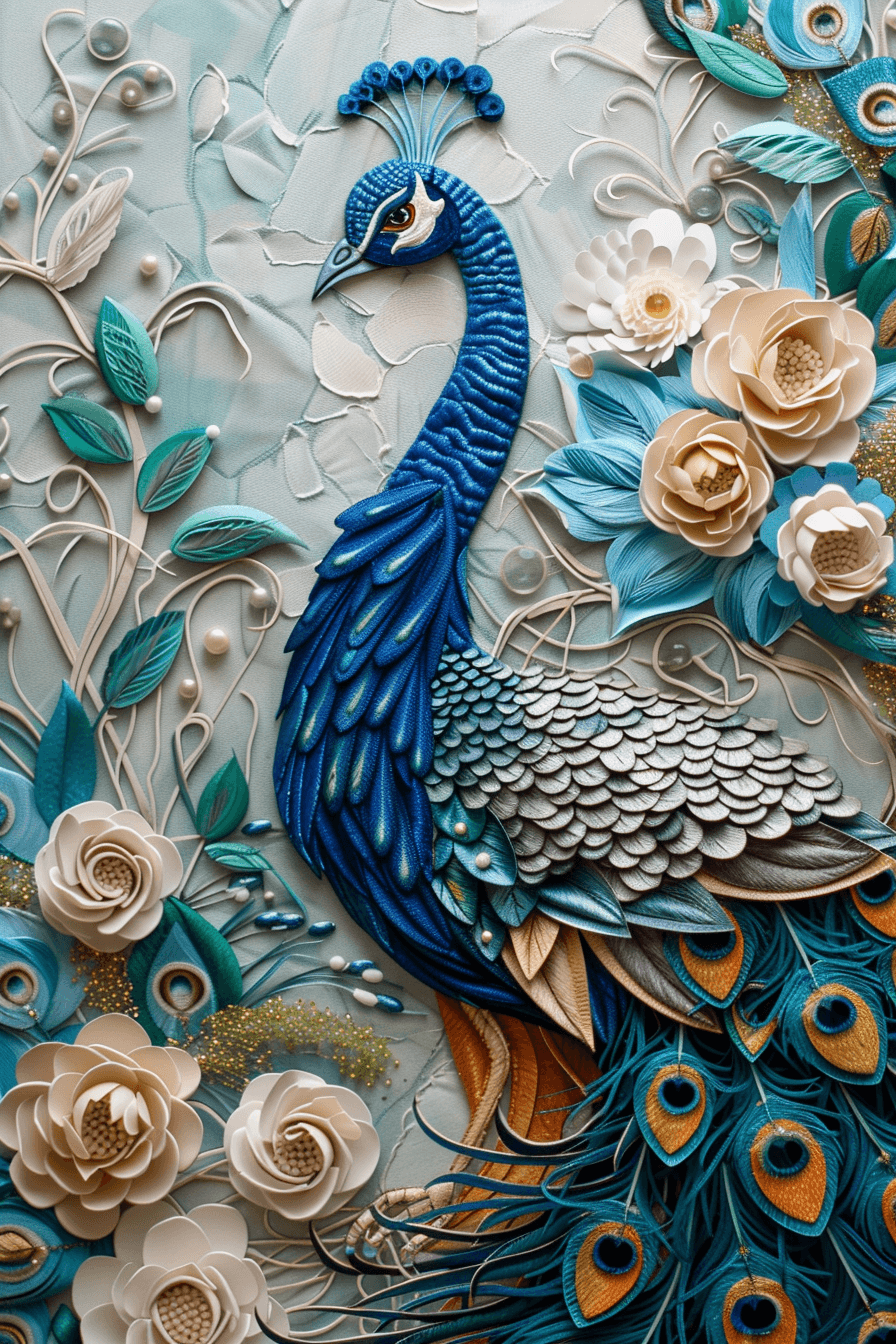 Colorful peacock mural with intricate floral details, perfect for jigsaw puzzle fans seeking imaginative challenges.